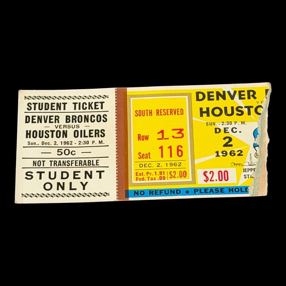 Vintage 1962 Denver Broncos vs Houston Oilers Student Ticket Stub AFL Football